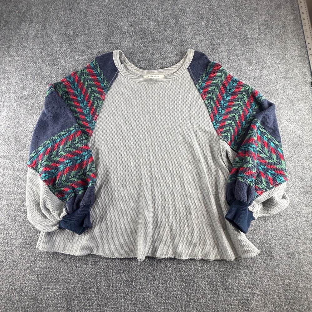 We The Free Grey Waffle Knit Thermal Top Multi Color Chevron Sleeves Small